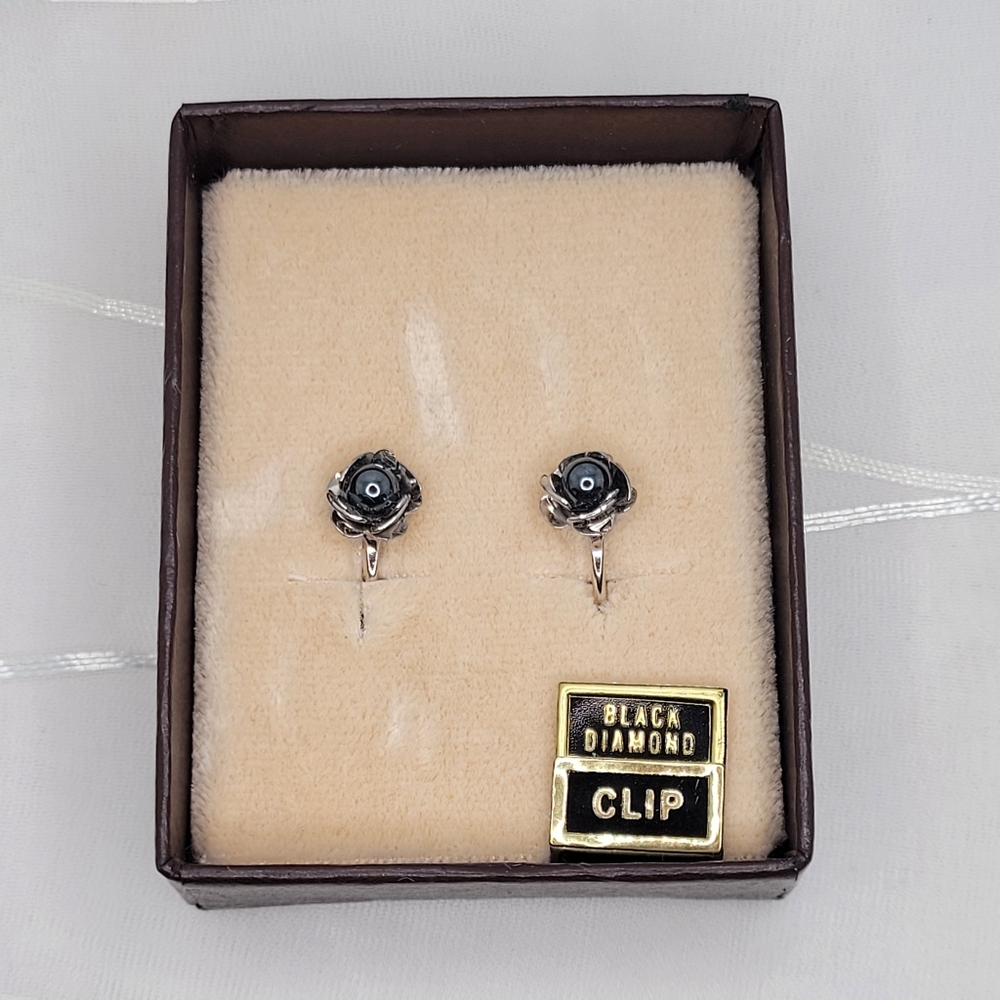 Vintage Floral Black Diamond Silver Tone Rose Clip On Flower Earrings